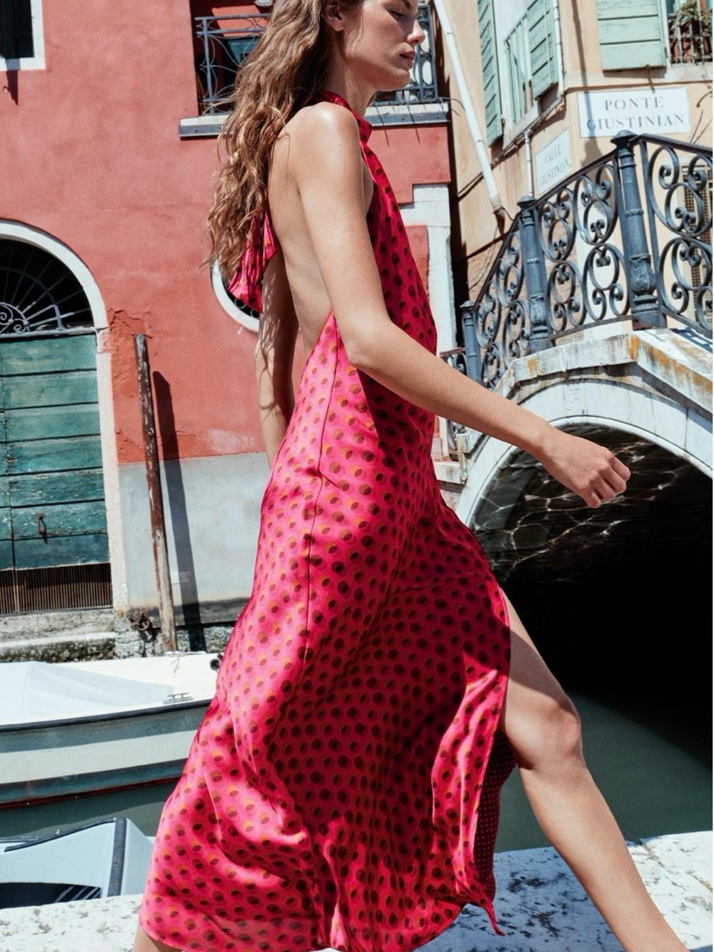 Zara Fuchsia Polka Dot Midi Halter Dress Size Large NWT